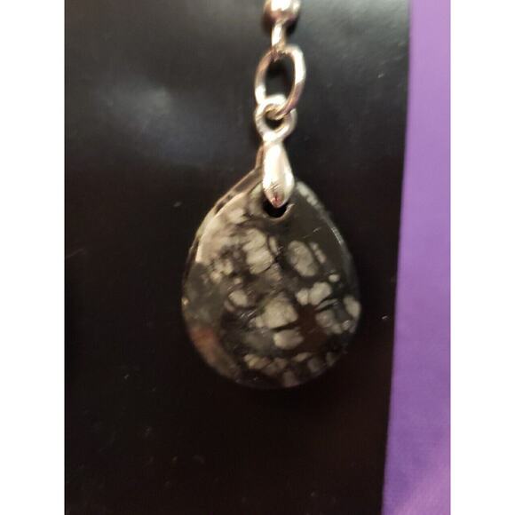 Natural Black Marbled Stone Dangle Earrings Teardrop Shape, Silver Tone, New - Picture 3 of 5